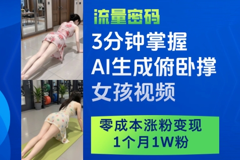 3分钟掌握AI生成俯卧撑女孩视频，零成本涨粉变现，1个月1W粉-孔明聊项目
