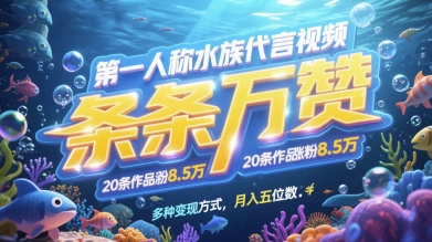 第一人称水族代言视频，条条万赞，20条作品涨粉7.8W，多种变现方式月入五位数-孔明聊项目
