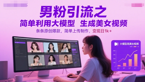 男粉引流之简单利用大模型生成美女视频，条条原创爆款，简单上传制作，变现日1k+-孔明聊项目