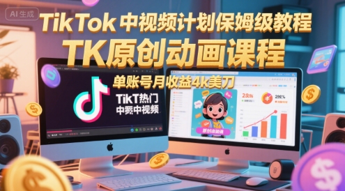 TikTok中视频计划保姆级教程，TK原创动画课程，单账号月收益4k美刀-孔明聊项目