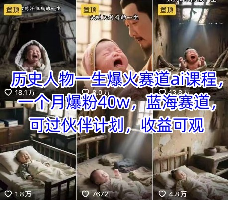 历史人物一生爆火赛道ai课程，一个月爆粉40w，蓝海赛道，可过伙伴计划，收益可观-孔明聊项目