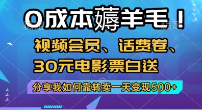 0成本薅羊毛!视频会员、话费卷、30元电影票白送,分享我如何靠转卖一天变现5张+【揭秘】-孔明聊项目