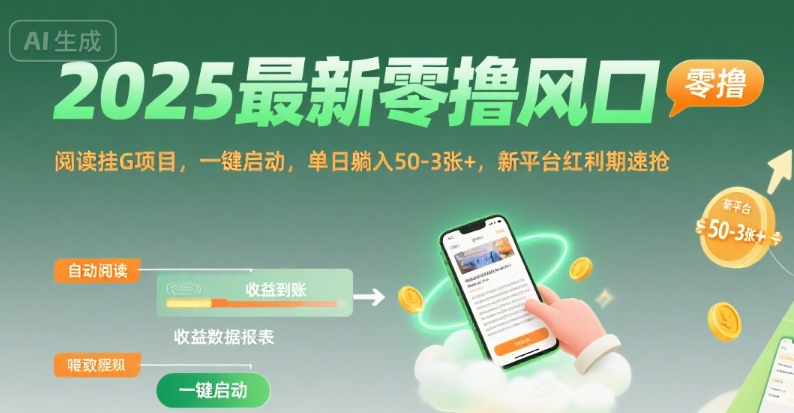 2025最新零撸风口，阅读挂G项目，一键启动，单日躺入 50-3张+，新平台红利期速抢【揭秘】-孔明聊项目