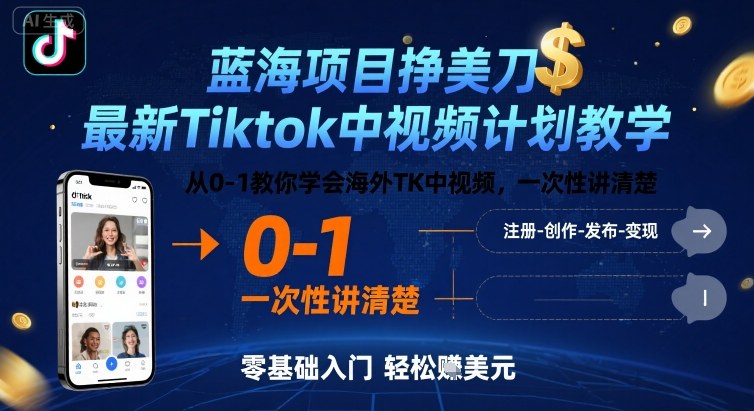 蓝海项目挣美刀，最新Tiktok中视频计划教学，从0-1教你学会海外TK中视频，一次性讲清楚-孔明聊项目