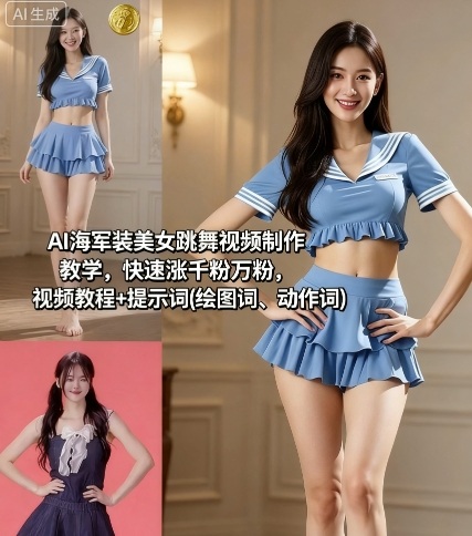 AI海军装美女跳舞视频制作教学，快速涨千粉万粉，视频教程+提示词(绘图词、动作词)-孔明聊项目