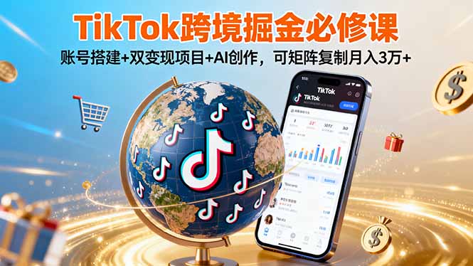 TikTo跨境掘金必修课，账号搭建+双变现项目+AI创作，可矩阵复制月入3万+-孔明聊项目