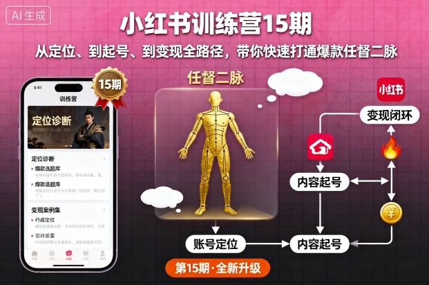 小红书训练营15期，从定位、到起号、到变现全路径，带你快速打通爆款任督二脉-孔明聊项目