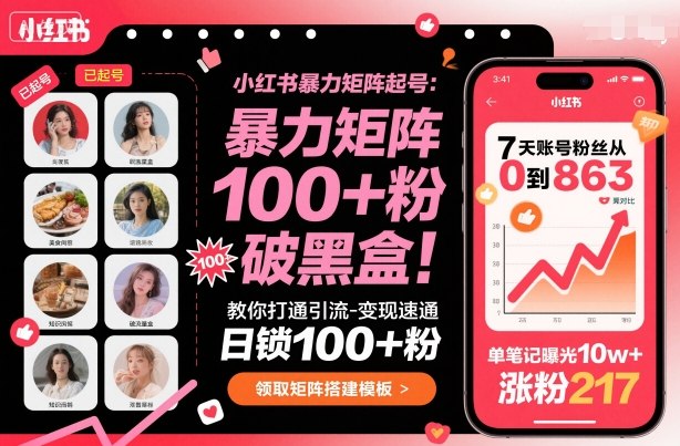 小红书暴力矩阵起号,教你打通引流-变现速通,日锁100+粉,破流量黑盒-孔明聊项目