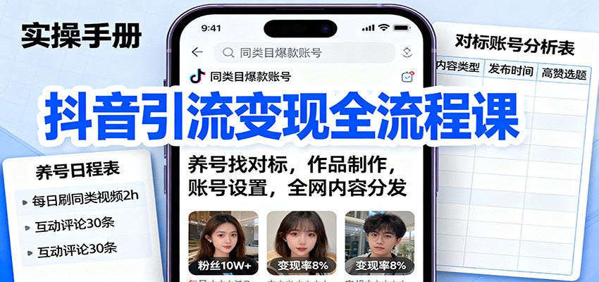 抖音引流变现全流程课：养号找对标，作品制作，账号设置，全网内容分发-孔明聊项目
