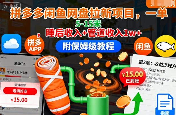 拼多多闲鱼网盘拉新项目,一单5-15米,睡后收入+管道收入1w+(附保姆级教程)-孔明聊项目