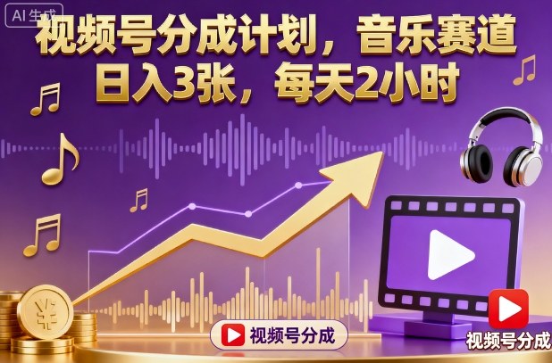 视频号分成计划,音乐赛道,日入3张,每天2小时-孔明聊项目