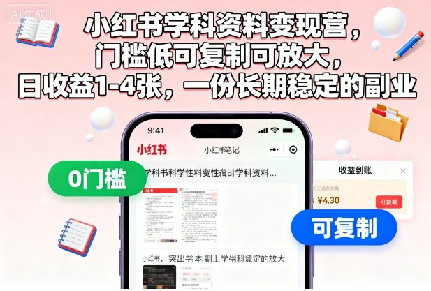 小红书学科资料变现营，门槛低可复制可放大，日收益1-4张，一份长期稳定的副业-孔明聊项目