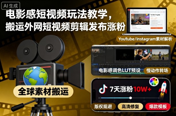 电影感短视频玩法教学,搬运外网短视频剪辑发布涨粉-孔明聊项目