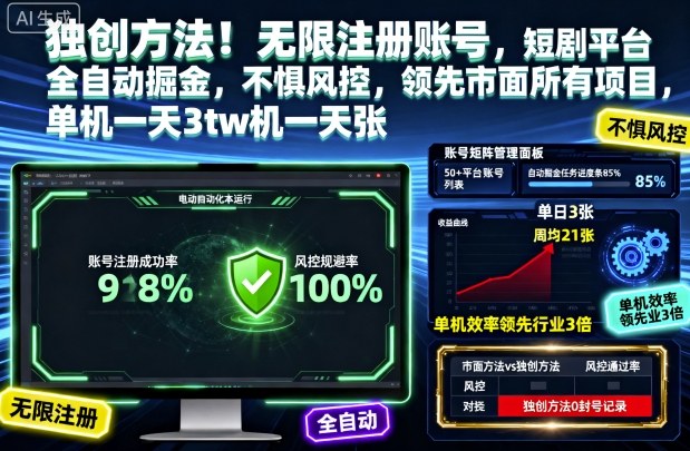 独创方法!无限注册账号,短剧平台全自动掘金,不惧风控,领先市面所有项目,单机一天3张【揭秘】-孔明聊项目