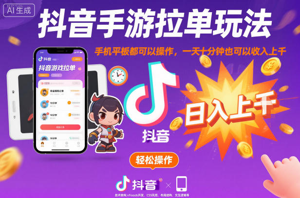 抖音手游拉单玩法,手机平板都可以操作,一天十分钟也可以收入上K【揭秘】-孔明聊项目