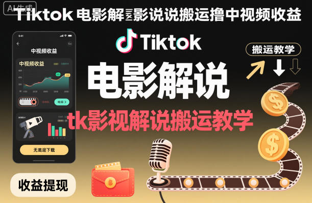 Tiktok电影解说搬运撸中视频收益,tk影视解说搬运教学-孔明聊项目