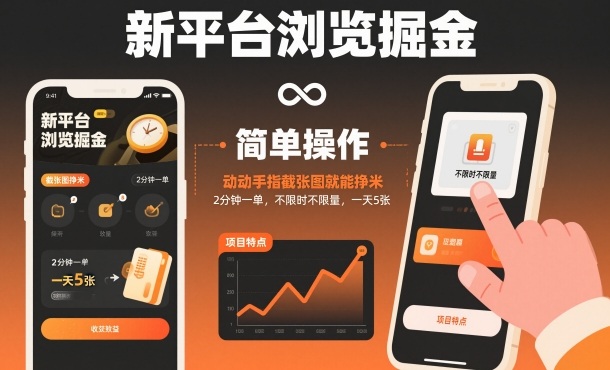 新平台浏览掘金，动动手指截张图就能挣米，2分钟一单，不限时不限量，一天5张【揭秘】-孔明聊项目