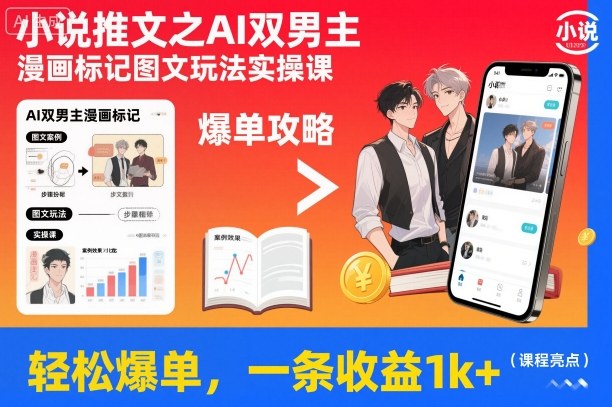 小说推文之AI双男主漫画标记图文玩法实操课，轻松爆单，一条收益1k+-孔明聊项目