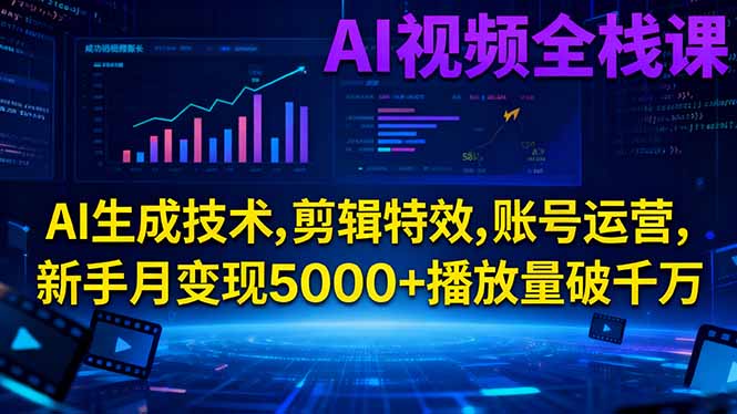 AI视频全栈课:AI生成技术,剪辑特效,账号运营,新手月变现5000+播放量破千万-孔明聊项目