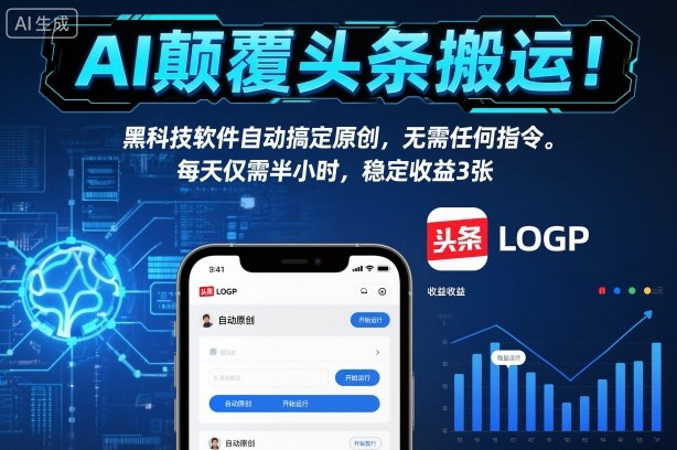 AI颠覆头条搬运!黑科技软件自动搞定原创,无需任何指令。每天仅需半小时,稳定收益3张【揭秘】-孔明聊项目
