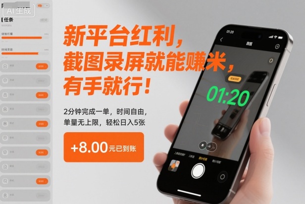 新平台红利,截图录屏就能賺米,有手就行!2分钟完成一单,时间自由,单量无上限,轻松日入5张【揭秘】-孔明聊项目