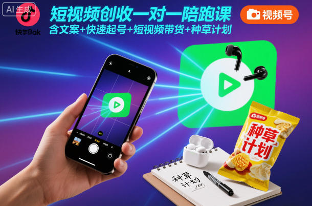 短视频创收一对一陪跑课，含文案+快速起号+短视频带货+种草计划-孔明聊项目