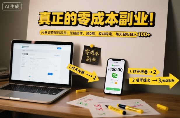 真正的零成本副业！问卷调查暴利项目，无脑操作，纯0撸，收益稳定，每天轻松日入100+【揭秘】-孔明聊项目