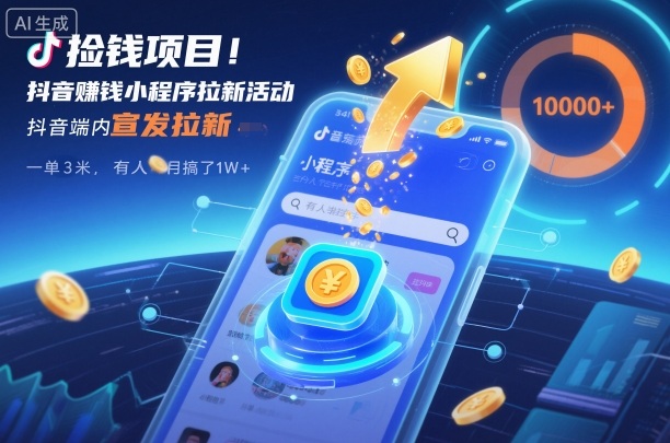 捡钱项目！抖音賺钱小程序拉新活动，抖音端内宣发拉新，一单3米，有人半个月搞了1W+-孔明聊项目