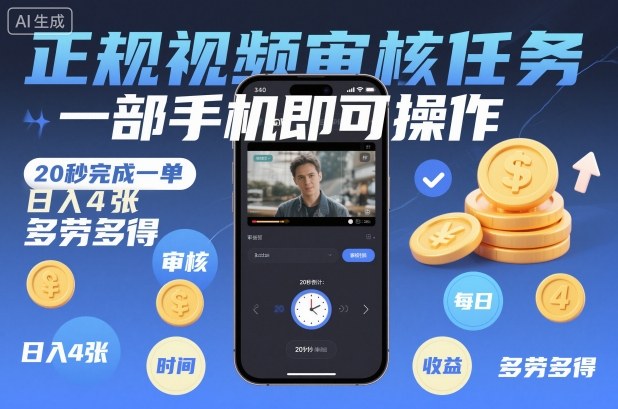 正规视频审核任务，一部手机即可操作，20秒完成一单，日入4张，多劳多得【揭秘】-孔明聊项目