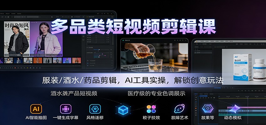 多品类短视频剪辑课:服装/酒水/药品剪辑,AI工具实操,解锁创意玩法-孔明聊项目