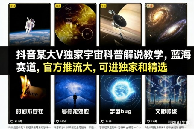 抖音某大V独家宇宙科普解说教学，蓝海赛道，官方推流大，可进独家和精选-孔明聊项目
