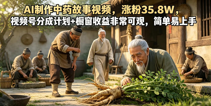 AI制作中药故事视频，涨粉35.8W，视频号分成计划+橱窗收益非常可观，简单易上手-孔明聊项目
