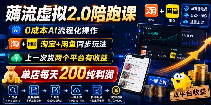 薅流虚拟2.0陪跑课，0成本AI流程化操作，淘宝+闲鱼同步玩法，上一次货两个平台有收益，单店每天200纯利润-孔明聊项目