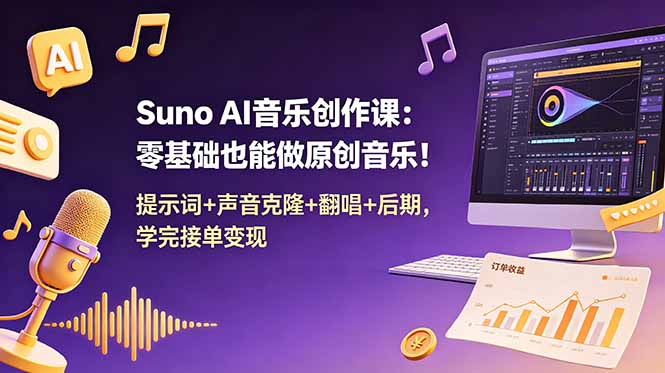 Suno AI音乐创作课：零基础也能做原创音乐！提示词+声音克隆+翻唱+后期，学完接单变现-孔明聊项目
