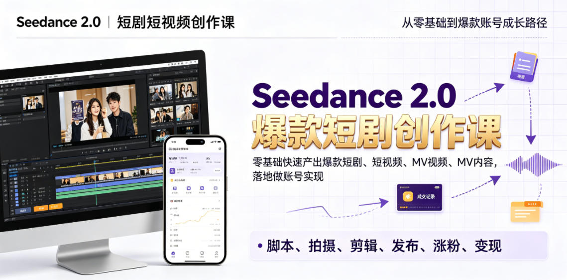 Seedance 2.0短剧短视频创作课，零基础快速产出爆款短剧、短视频、MV内容，落地做账号实现变现-孔明聊项目