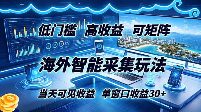 海外智能采集玩法，低门槛高单价可矩阵，当天可见收益，单窗口30+-孔明聊项目