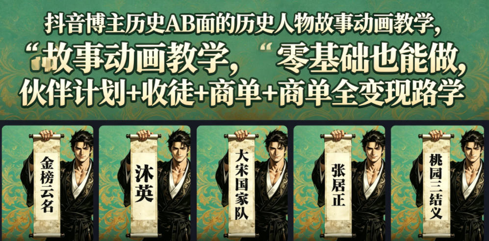 抖音博主历史AB面的历史人物故事动画教学，零基础也能做，伙伴计划+收徒+商单全变现路径教学-孔明聊项目