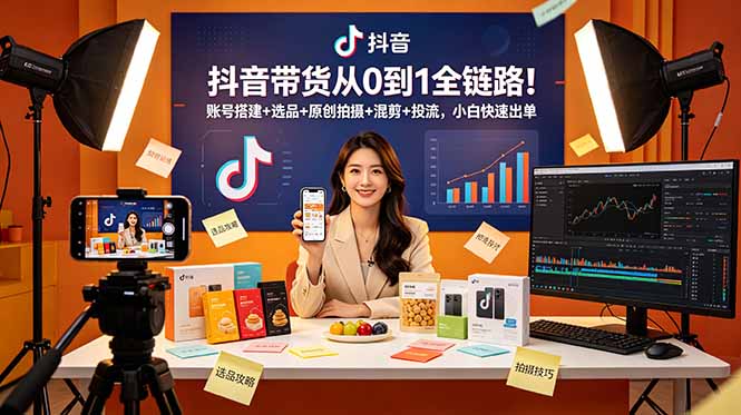 抖音带货从0到1全链路！账号搭建+选品+原创拍摄+混剪+投流，小白快速出单-孔明聊项目