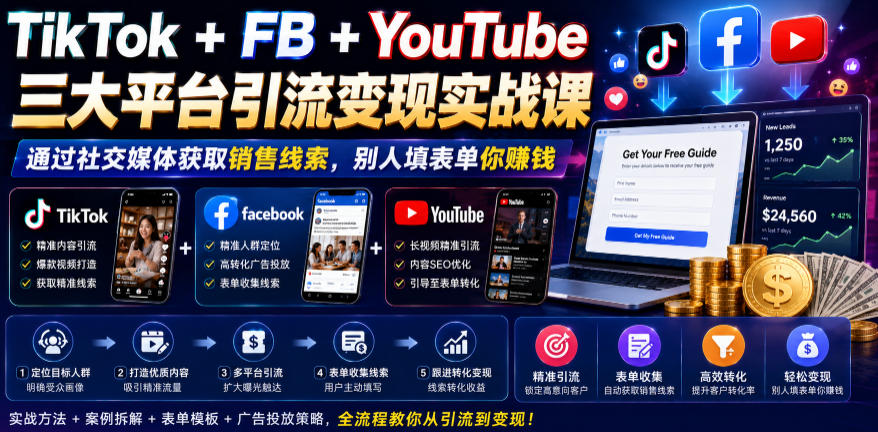 TikTok+FB+YouTube三大平台引流变现实战课，通过社交媒体获取销售线索，别人填表单你賺钱【原创双语字幕】-孔明聊项目
