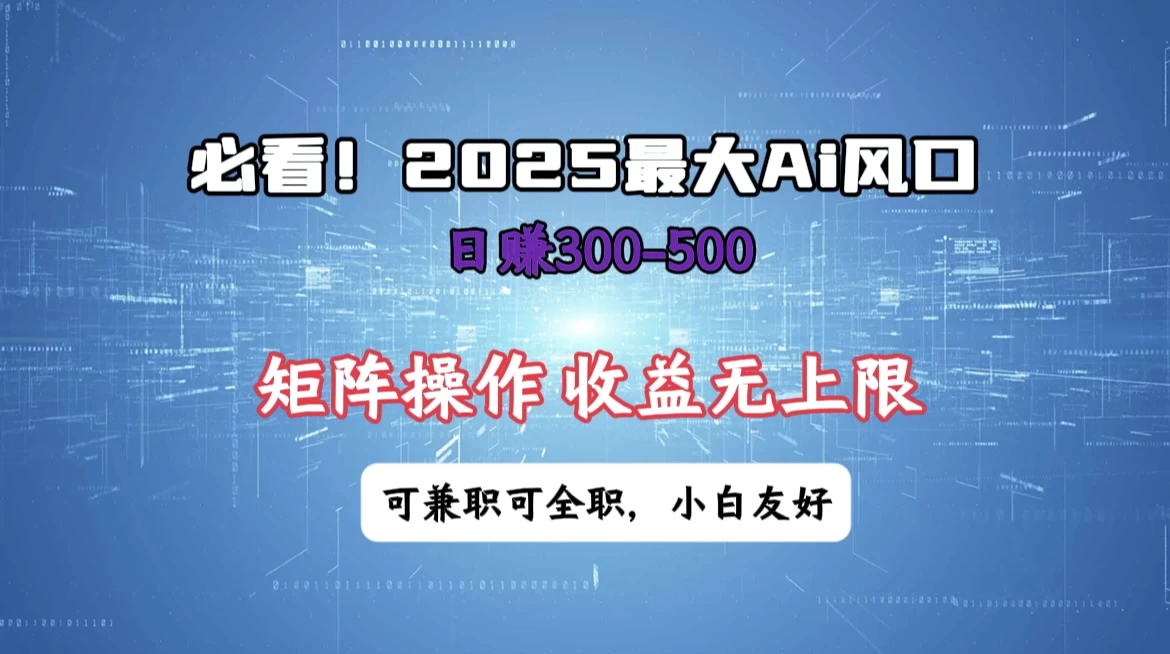 必看！2025 最大 AI 风口，每天三十分钟，日赚3位数起步，超适合小白，矩阵操作收益无上限，兼职全职皆可！-孔明聊项目